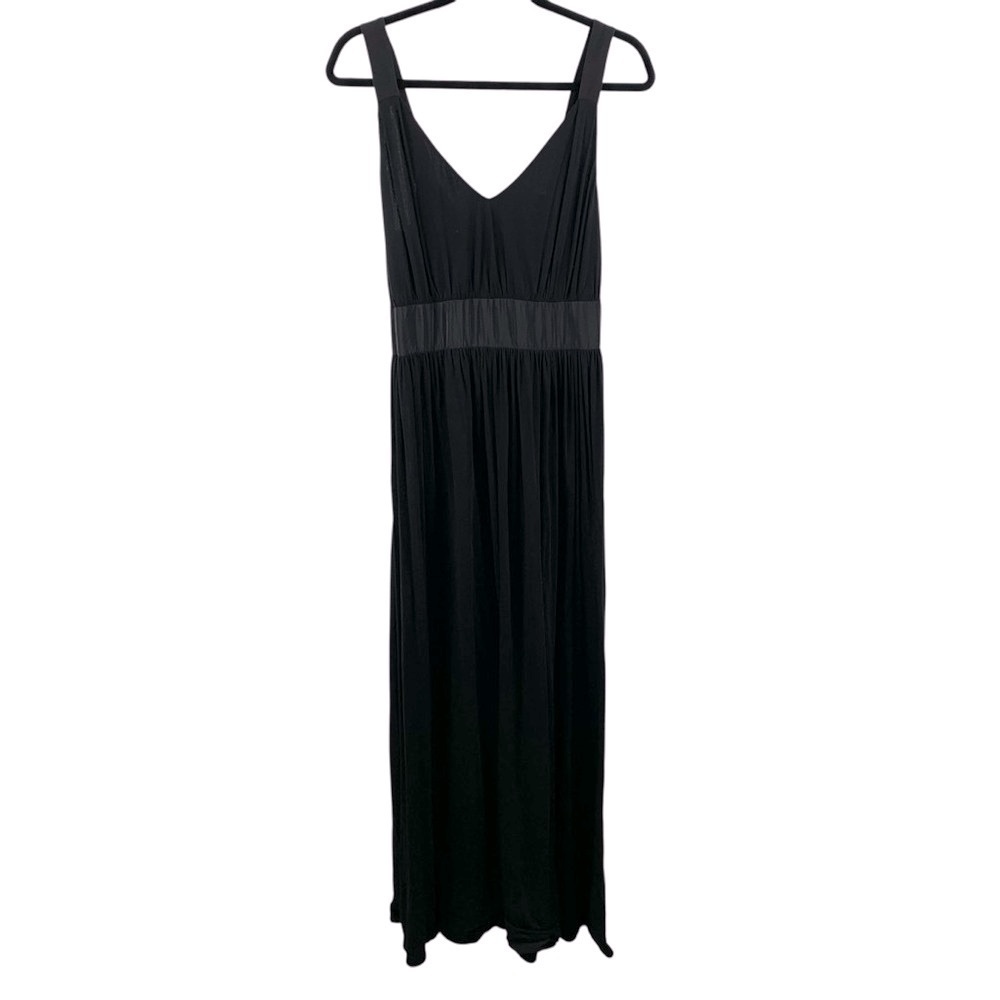 J. Crew Black Maxi Dress sz 8 Silk Trim Pleated Lightweight Stretch Fabric